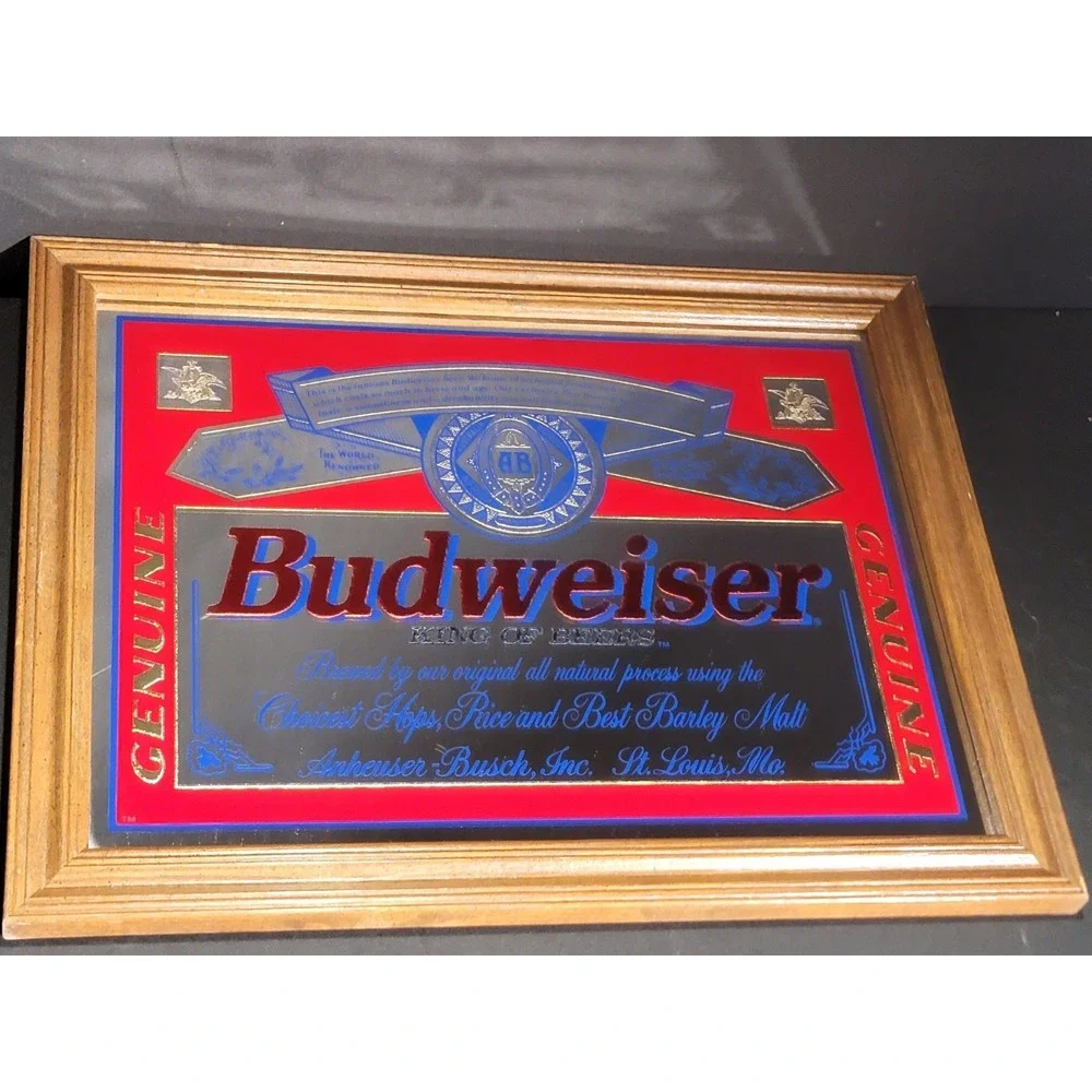 Vintage 1994 Budweiser Beer Anheuser Busch Mirror Sign Wood Frame Bar Sign